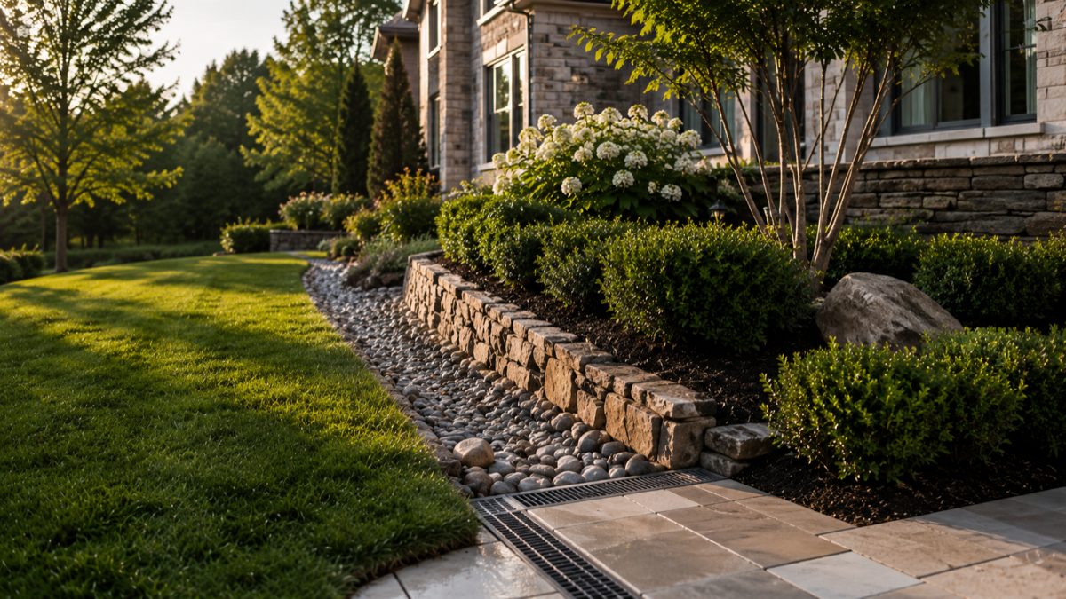 Stone dry-creek drainage with river rocks and iron drain grate alongside a flagstone walkway and planted beds