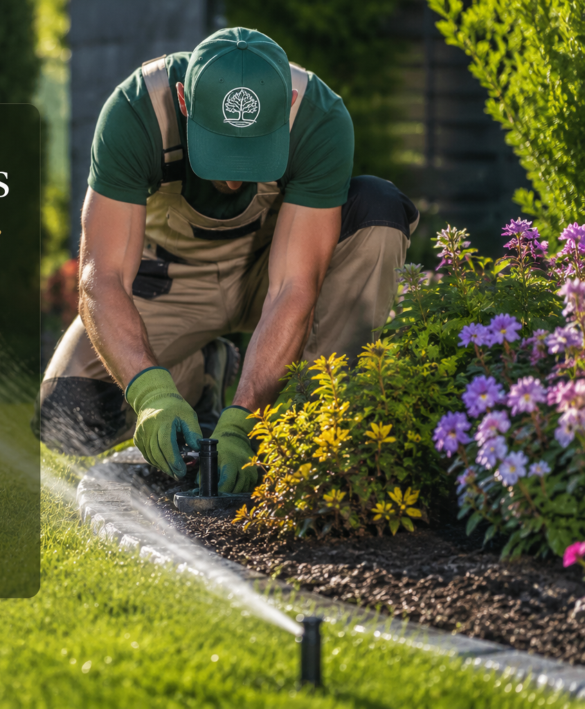 Landscaper installing a sprinkler head with active spray in a planted bed