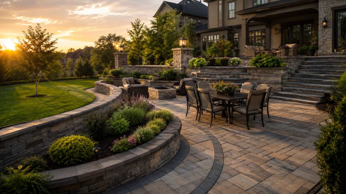 Curved paver patio with stone retaining walls, fire pit and outdoor dining at golden hour